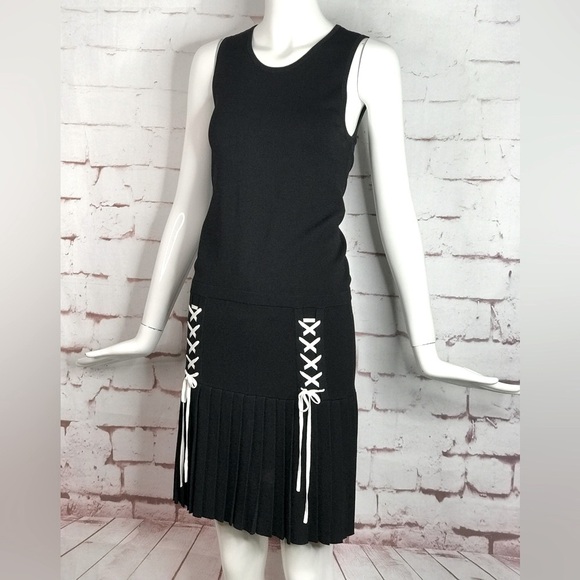 PARKER XS Kennedy Black Knit Pleated Skirt Drop Waist Lace Up Ties Tank Dress XS - Picture 5 of 16
